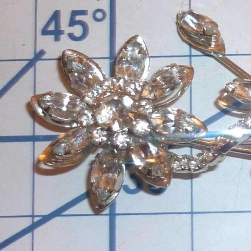 Vintage Clear Rhinestone Flower Spray Brooch Silver Tone Marquise Floral Pin
